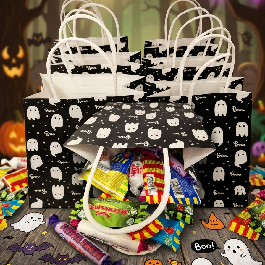 A set of black Halloween candy bags with white ghost patterns and white paper handles, filled with assorted candy, arranged on a wooden surface with Halloween decorations including stickers, pumpkins, and string lights in the background.