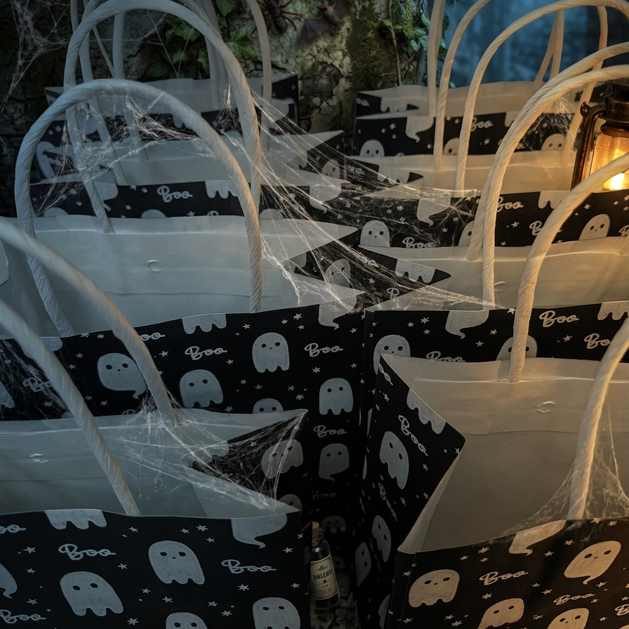 A group of Halloween-themed paper gift bags with white handles, decorated with fake spiderwebs and printed with white ghosts on a black background. The bags are styled with cobwebs and a warm candle glow in a spooky, dark setting.
