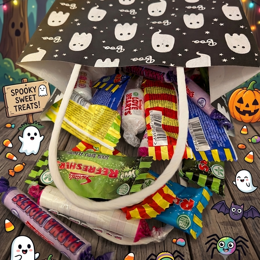 A Halloween-themed candy bag filled with assorted sweets, set on a rustic wooden surface with spooky decorative graphics including pumpkins, ghosts, and candy corn.