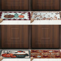 Four doormats with autumn and fall-themed designs are shown placed in front of dark brown wooden doors. The designs include pumpkins with the text 'Pumpkin Spice and All Things Nice,' deer with 'Fall in Love,' a welcome mat, and a heart-patterned 'Home Sweet Home' mat.