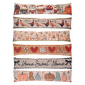 A set of seven decorative fabric draught excluders arranged vertically on a white background, each featuring a different autumn-themed pattern including mugs, birds, squirrels, hearts, leaves, bows, and pumpkins.
