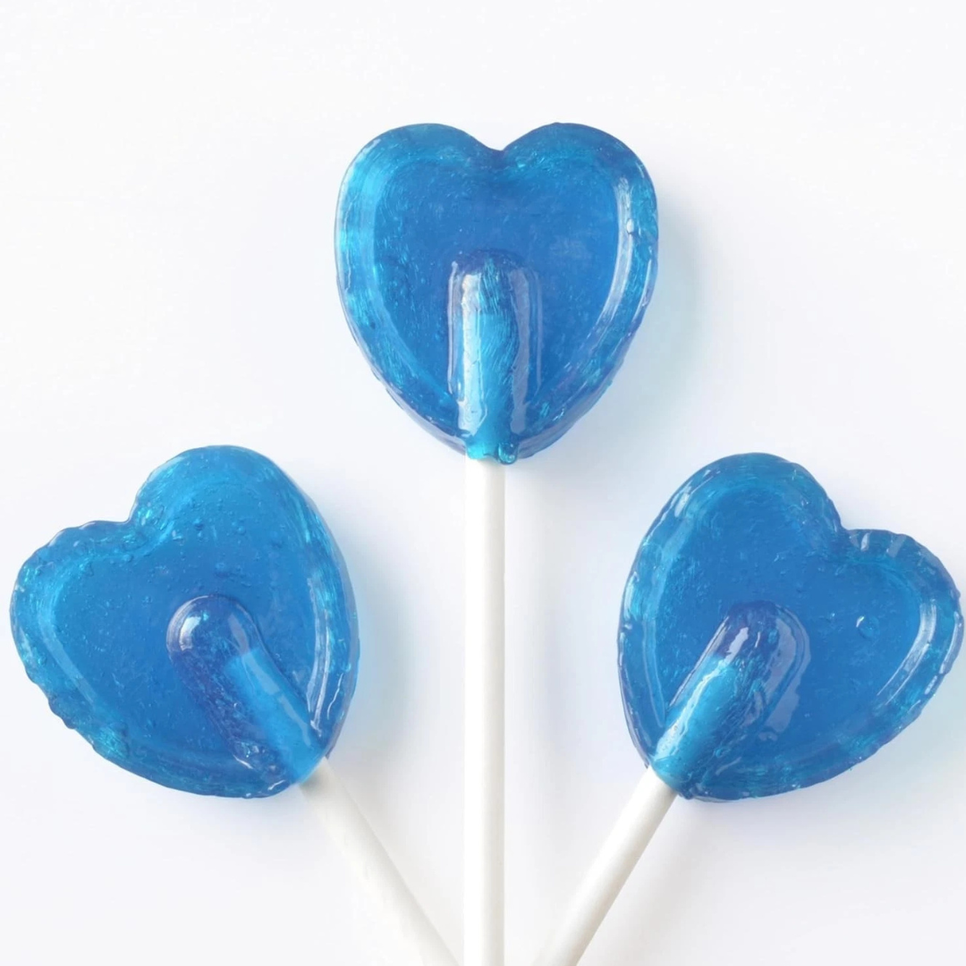Blue Razz heart-shaped lollipop in blue raspberry flavour | The Cherry Blossom Collective