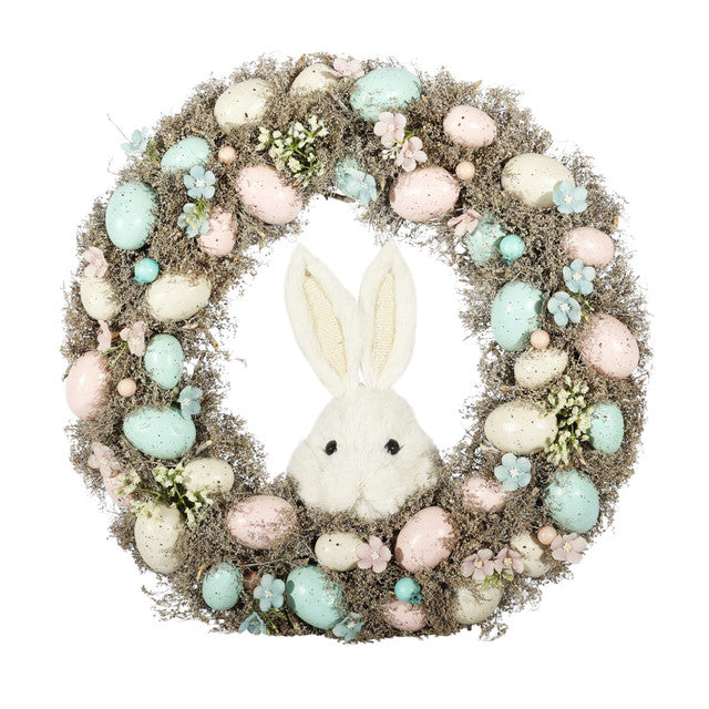 Easter Wreath with Pastel Eggs & White Rabbit (43cm)