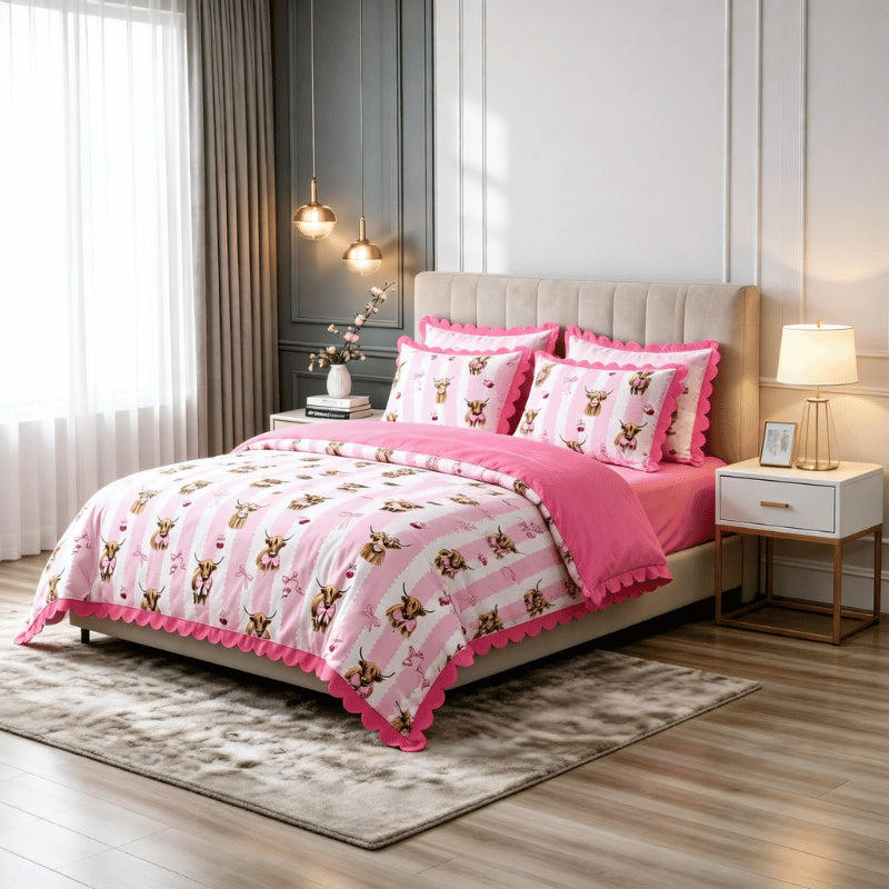 Fun Design Duvet Set Highland Cow With Bows - Scallop Edge