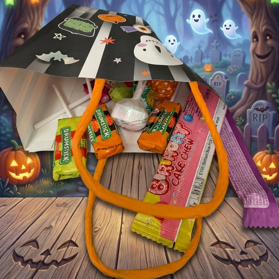 A Halloween-themed candy bag filled with assorted packaged snacks and sweets, placed on a wooden surface with a spooky forest background featuring ghosts, pumpkins, and string lights.