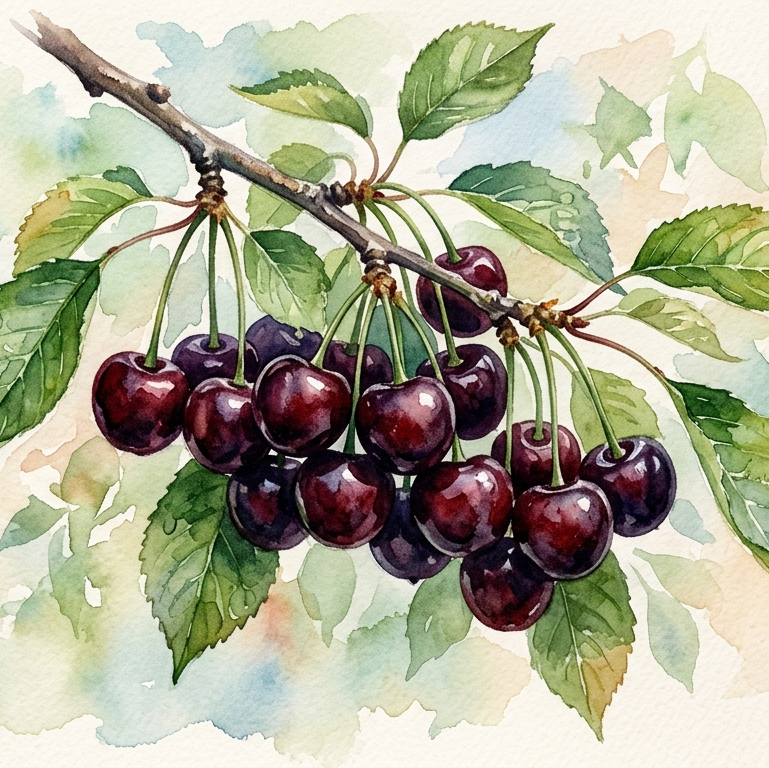 Artistic illustration of cherries on a branch with green leaves