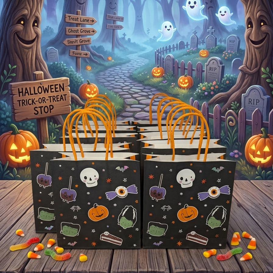 Three black Halloween-themed candy bags with orange handles and skull, pumpkin, and ghost illustrations, displayed on a wooden table in front of a festive Halloween forest backdrop with pumpkins, ghosts, and string lights.