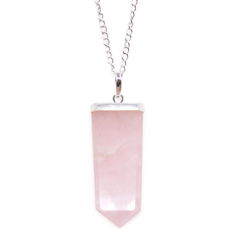 Gemstone Flat Pencil Pendant Necklace - Rose Quartz