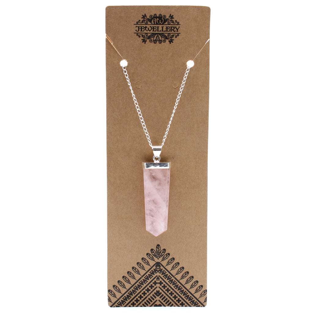 Gemstone Flat Pencil Pendant Necklace - Rose Quartz
