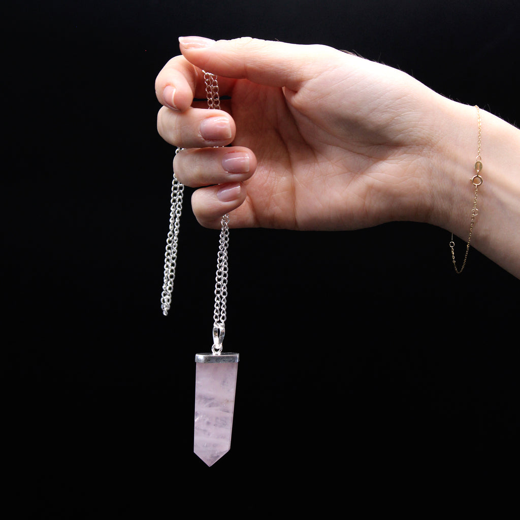 Gemstone Flat Pencil Pendant Necklace - Rose Quartz