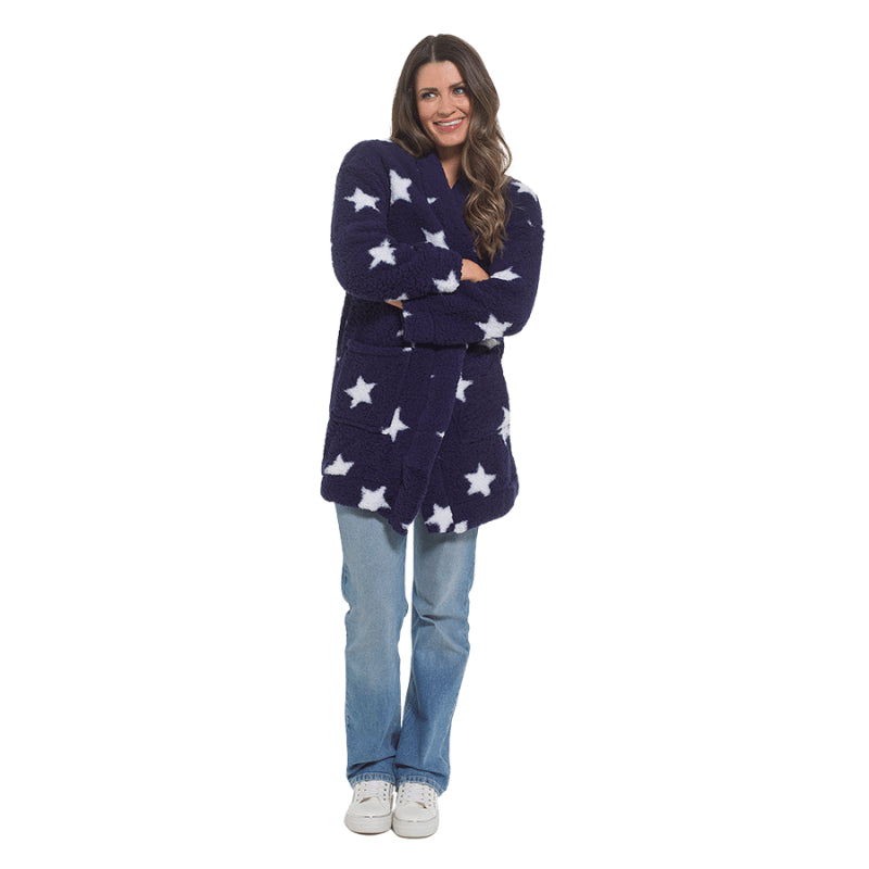 Ladies Navy Star Print Sherpa Fleece Cardigan