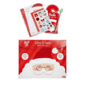 Christmas-themed writing kit shown with its red Santa hat envelope and a separate letter to Santa card/sticker sheet above it on a white background.