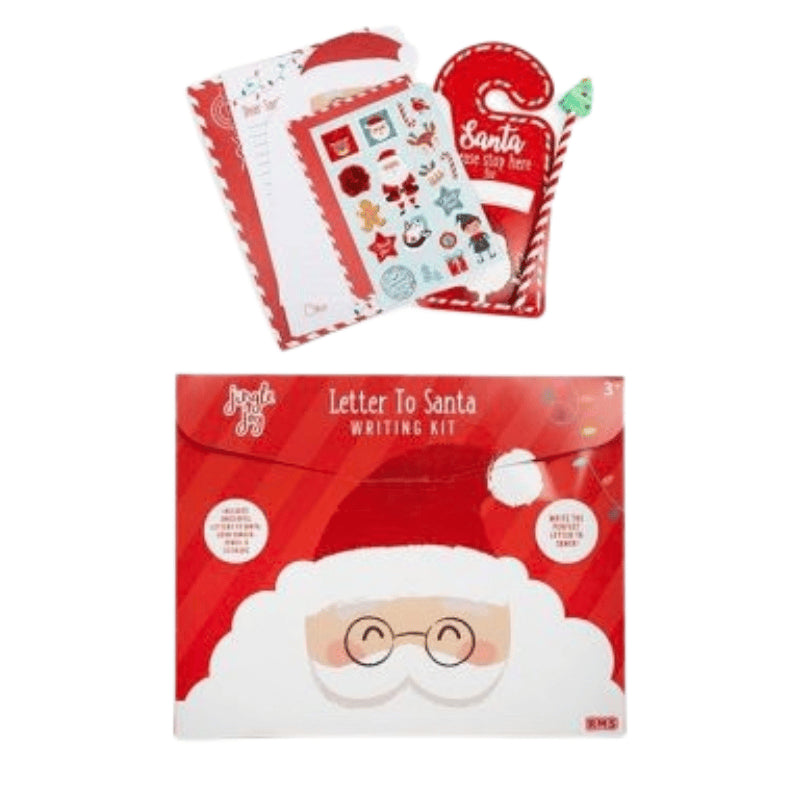 Christmas-themed writing kit shown with its red Santa hat envelope and a separate letter to Santa card/sticker sheet above it on a white background.