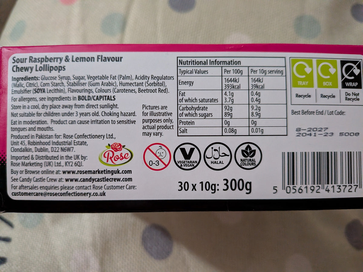 Candy Castle Mutations Chewbies Duo Pops Pink Lemonade sweets , allergens, ingredients and nutritional information shot | The Cherry Blossom Collective