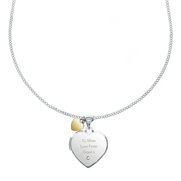 Personalised Sterling Silver Heart Locket Necklace with Diamond & 9ct Gold Charm