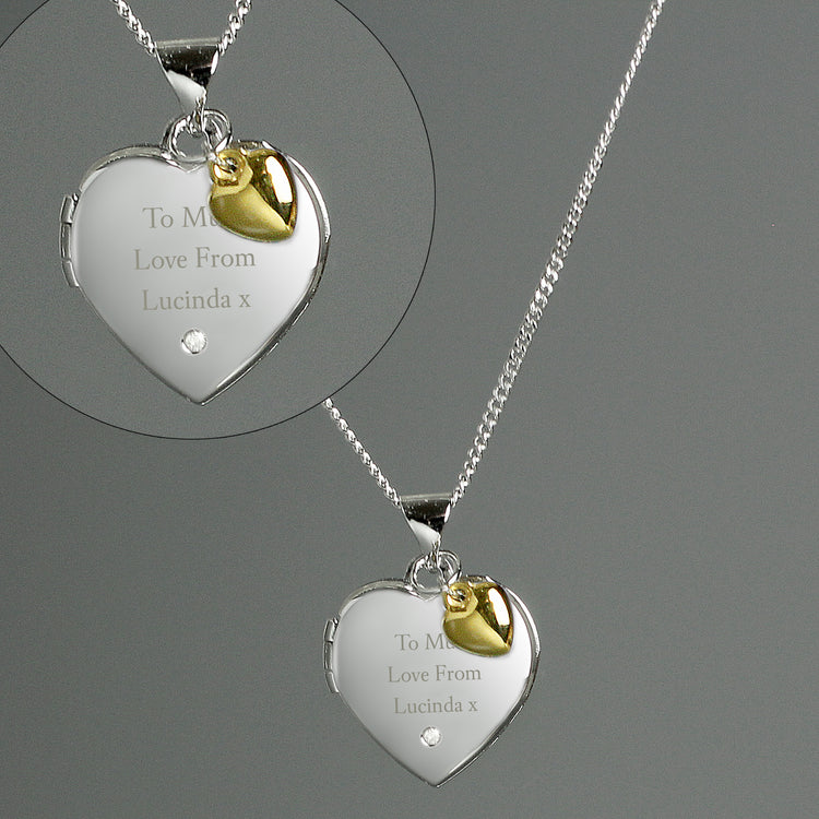 Personalised Sterling Silver Heart Locket Necklace with Diamond & 9ct Gold Charm