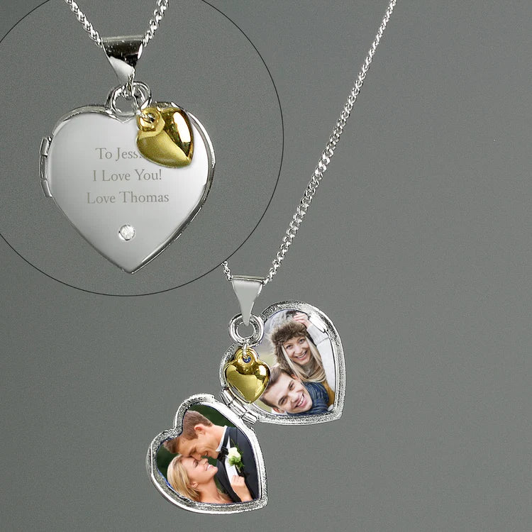 Personalised Sterling Silver Heart Locket Necklace with Diamond & 9ct Gold Charm