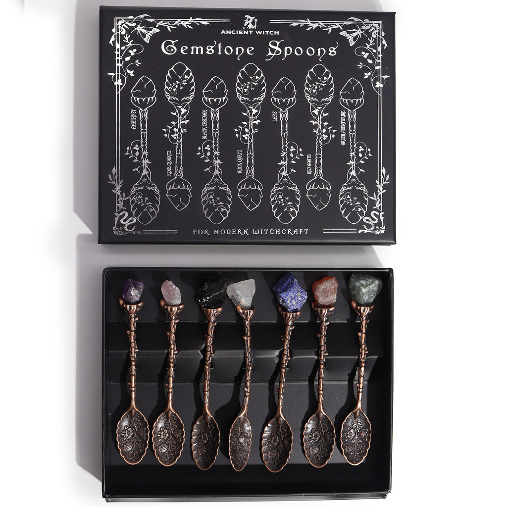 Set of 7 Bronze Gemstone Crystal Witch Spoons