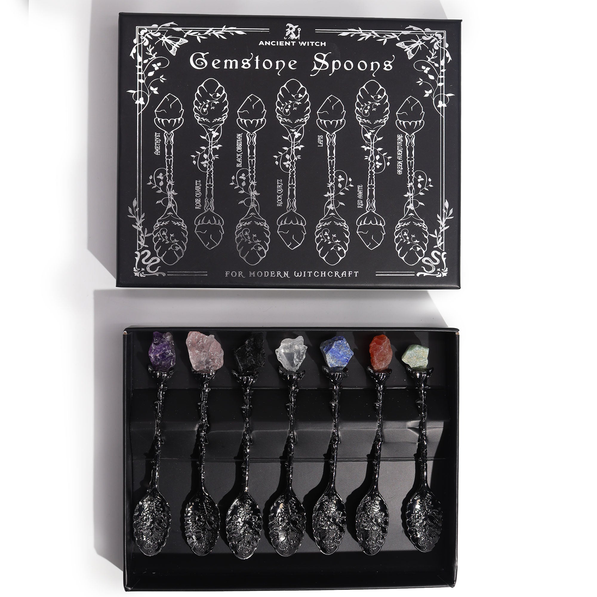 Set of 7 Dark Silver Gemstone Crystal Witch Spoons