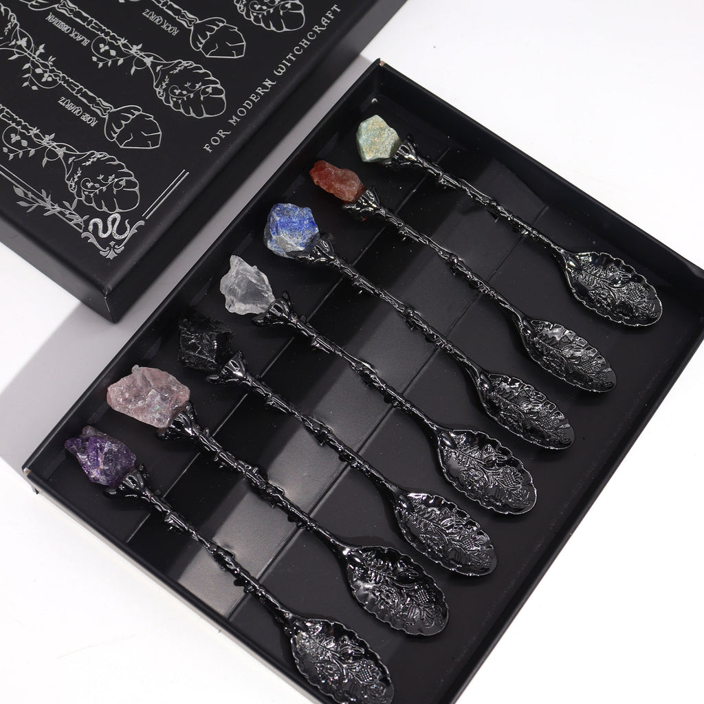 Set of 7 Dark Silver Gemstone Crystal Witch Spoons