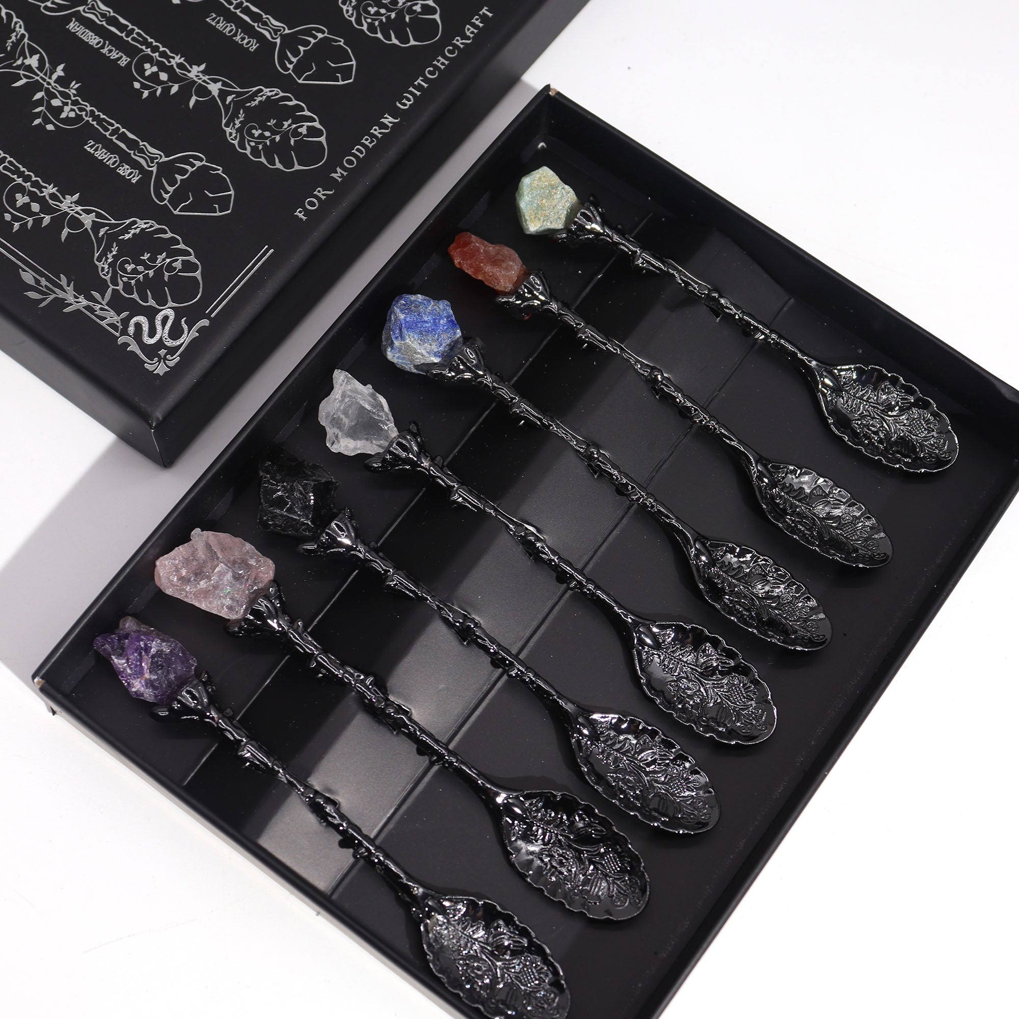 Set of 7 Dark Silver Gemstone Crystal Witch Spoons